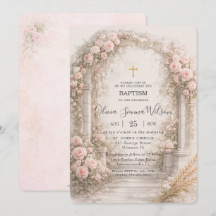 Blush Pink Floral Garden Wheat Baptism Christening Invitation