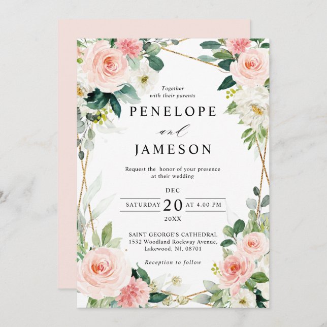 Blush Pink Floral Geometric Botanical Wedding Invi Invitation (Front/Back)