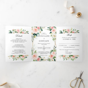Blush Pink Floral Geometric Botanical Wedding Tri-Fold Programme