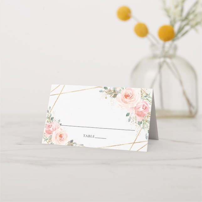 Blush Pink Floral Geometric Wedding Guest Name  Place Card (Front)
