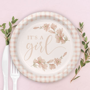 Blush Pink Floral Gingham Baby Girl Baby Shower Paper Plate