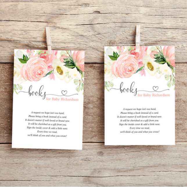 Blush pink floral girl baby shower book request en enclosure card (Creator Uploaded)