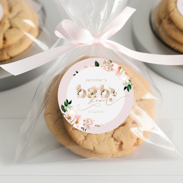 Blush pink floral girl baby shower elegant classic round sticker (Creator Uploaded)