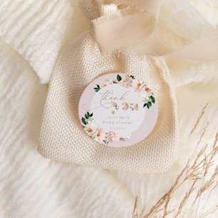 Blush pink floral girl baby shower thank you classic round sticker