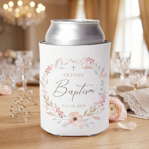 Blush Pink Floral Girl Baptism Can Cooler