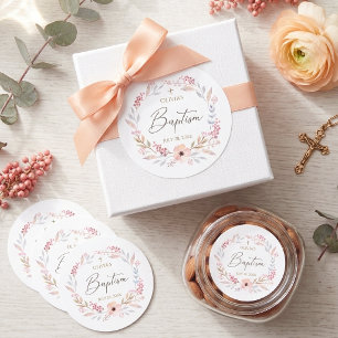Blush Pink Floral Girl Baptism Round Classic Round Sticker