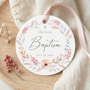 Blush Pink Floral Girl Baptism Round Favour Tags