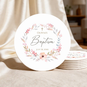 Blush Pink Floral Girl Baptism Round Paper Coaster