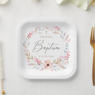 Blush Pink Floral Girl Baptism Square Paper Plate