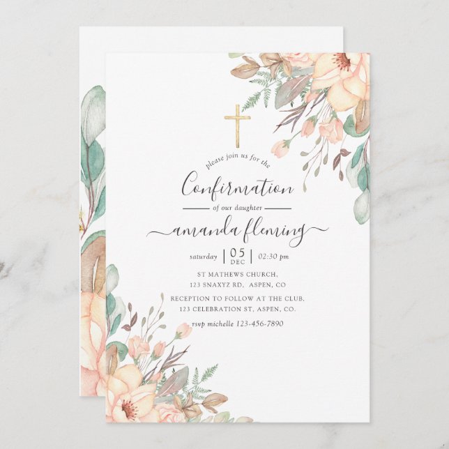 Blush Pink Floral Girl Confirmation Invitation (Front/Back)