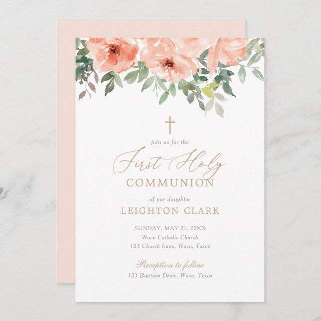 Blush Pink Floral Girl First Communion Invitation (Front/Back)