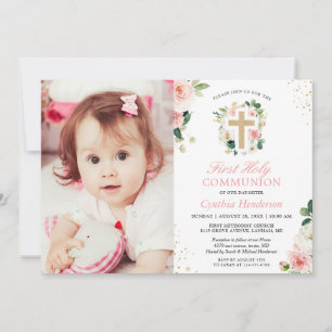 Blush Pink Floral Girl First Holy Communion Photo Invitation