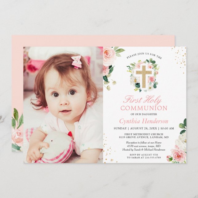 Blush Pink Floral Girl First Holy Communion Photo Invitation (Front/Back)