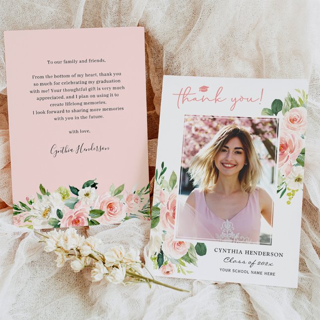 Blush Pink Floral Girl Grad Graduation Photo Thank You Card (Creator Uploaded)