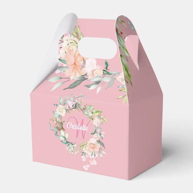 Blush Pink Floral Girly Script Monogram Favour Box (Front Side)