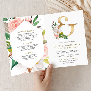 Blush Pink Floral Gold Ampersand QR Code Wedding Invitation