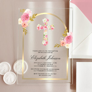Blush Pink Floral Gold Arch Baptism Acrylic Invitations