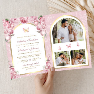 Blush Pink Floral Gold Arch Butterfly Wedding Invitation