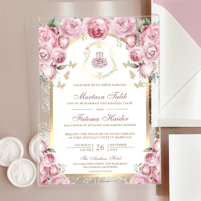Blush Pink Floral Gold Arch Muslim Wedding Acrylic Invitations (Creator Uploaded)