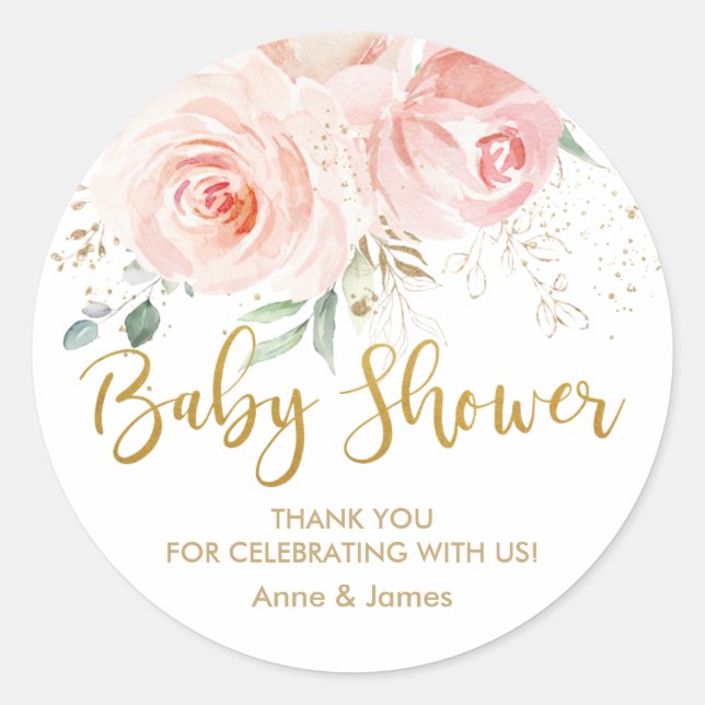 Blush Pink Floral Gold Baby Shower Thank You Favou Classic Round Sticker (Front)