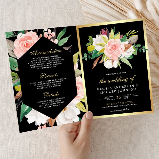 Blush Pink Floral Gold Black QR Code Wedding Invitation (Creator Uploaded)