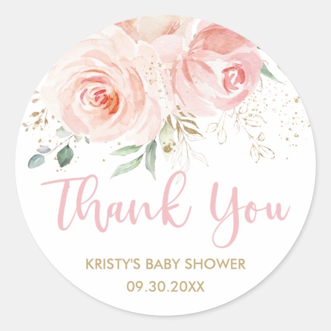 Blush Pink Floral Gold Bridal Baby Shower Favour Classic Round Sticker (Front)