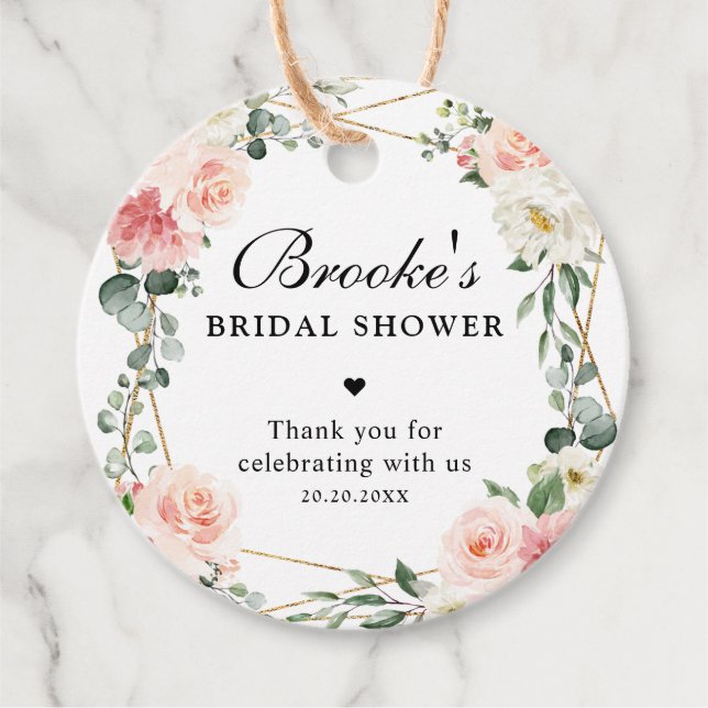 Blush Pink Floral Gold  Bridal Shower Thank you Favour Tags (Front)