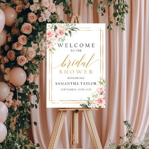 Blush pink floral gold bridal shower welcome sign