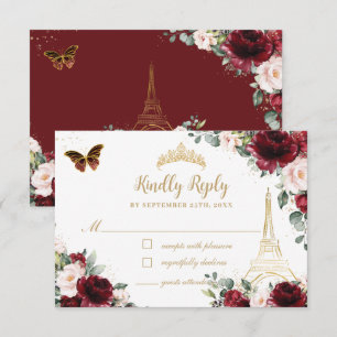 Blush Pink Floral Gold Butterfly Paris Quinceañera RSVP Card