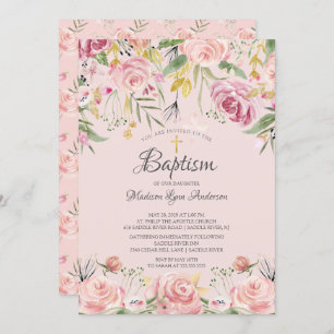 Blush Pink Floral Gold Cross Baptism Invitation