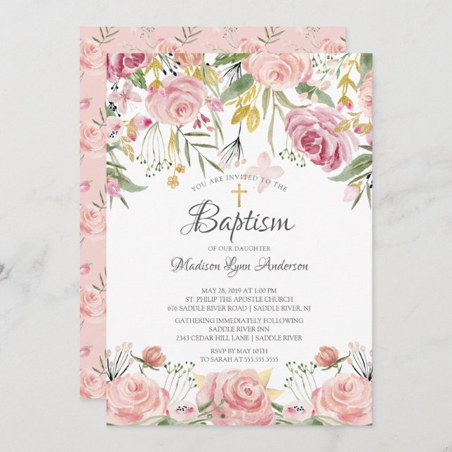 Blush Pink Floral Gold Cross Baptism Invitation (Front/Back)