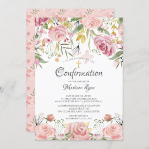 Blush Pink Floral & Gold Cross Confirmation Invitation