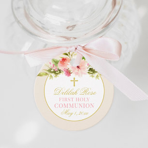 Blush Pink Floral Gold Cross First Communion Girl Favour Tags