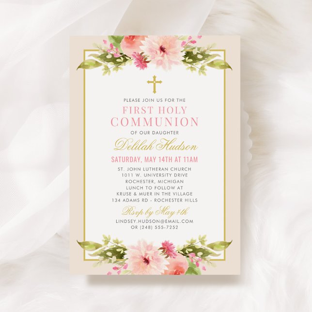 Blush Pink Floral Gold Cross First Communion Girl Invitation (Creator Uploaded)
