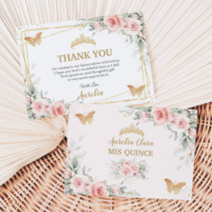 Blush Pink Floral Gold Crown Quinceañera Butterfly Thank You Card