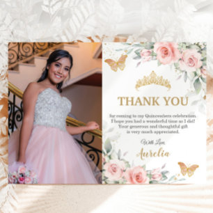 Blush Pink Floral Gold Crown Quinceañera Photo  Thank You Card