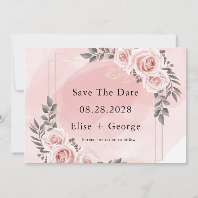 Blush Pink Floral Gold Crystal Save The Date Invitation (Front)