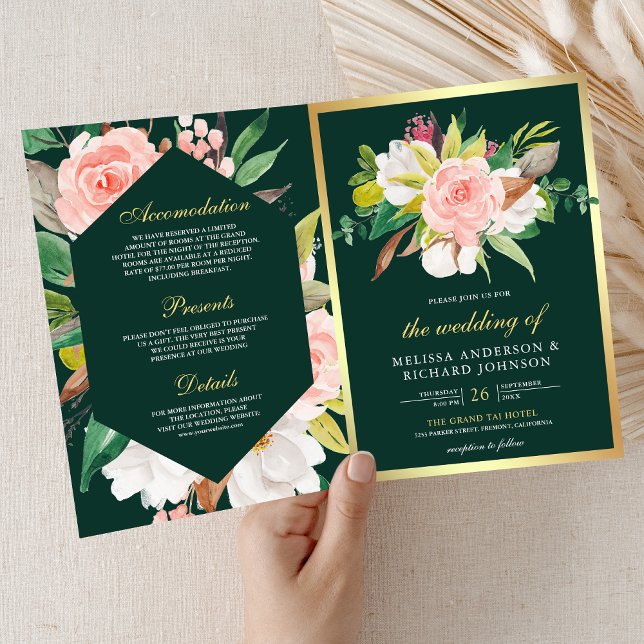 Blush Pink Floral Gold Emerald QR Code Wedding Invitation (Creator Uploaded)