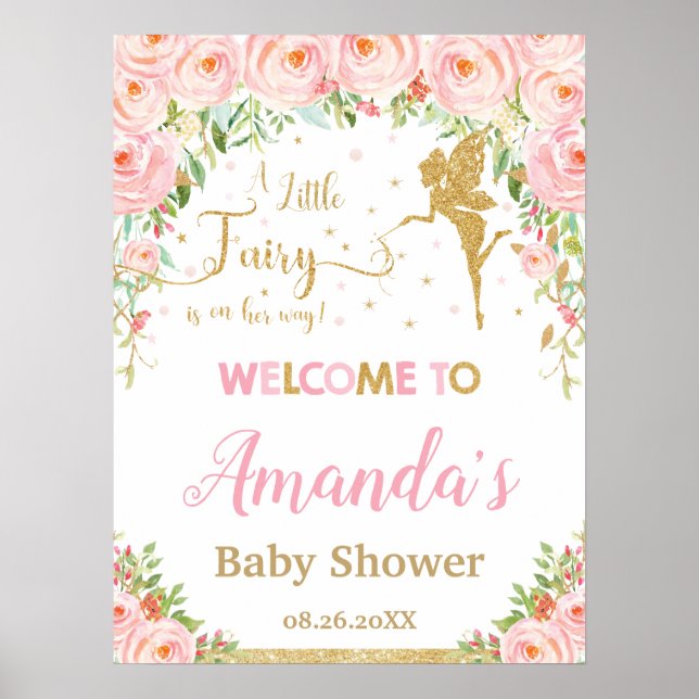 Blush Pink Floral Gold Fairy Baby Shower Welcome Poster (Front)