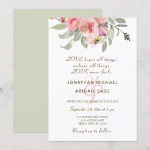 Blush Pink Floral Gold Frame Christian Wedding Invitation