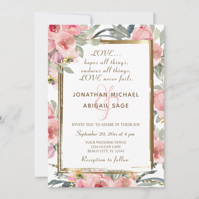 Blush Pink Floral Gold Frame Christian Wedding Invitation (Front)