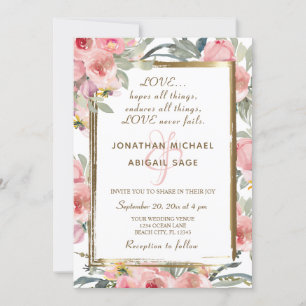 Blush Pink Floral Gold Frame Christian Wedding Invitation