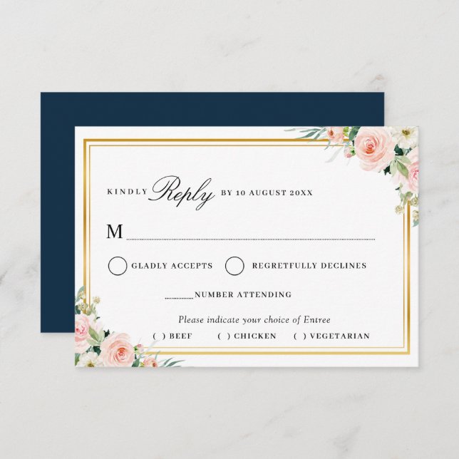 blush pink floral gold frame meal choice RSVP card (Front/Back)