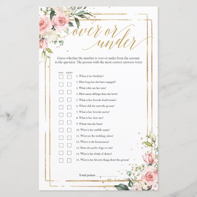 Blush pink floral gold frame over or under game (Front)