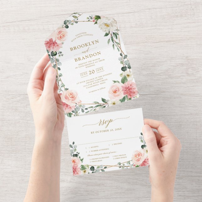 Blush Pink Floral Gold Geometric Botanical Wedding All In One Invitation (Tearaway)
