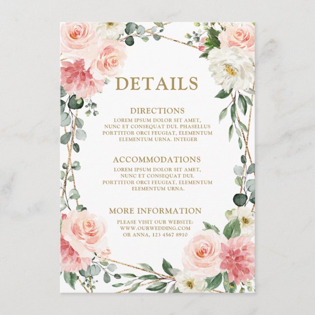 Blush Pink Floral Gold Geometric Botanical Wedding Enclosure Card (Front)