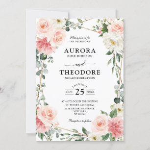 Blush Pink Floral Gold Geometric Botanical Wedding Invitation
