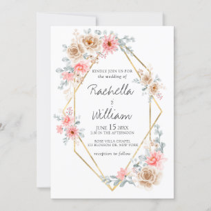 Blush Pink Floral Gold Geometric Botanical Wedding Invitation