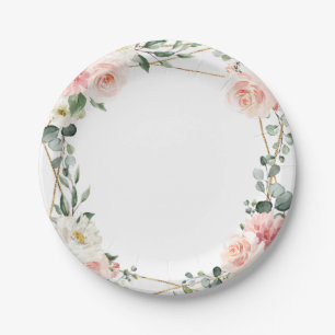 Blush Pink Floral Gold Geometric Botanical Wedding Paper Plate