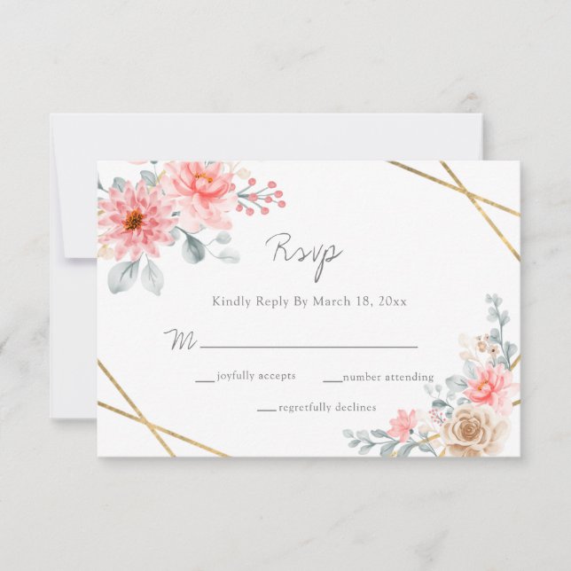 Blush Pink Floral Gold Geometric Botanical Wedding RSVP Card (Front)